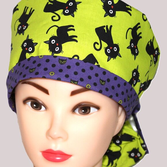 Womens Scaredy Cat Halloween Ponytail Scrub Cap, Handmade NWOT - Picture 3 of 7